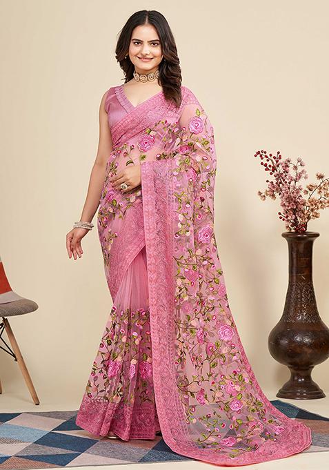 Pink Embroidered Soft Net Saree Set