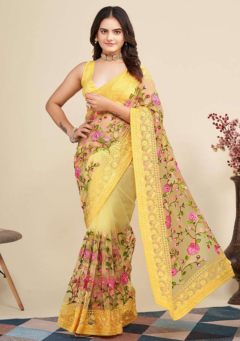 Yellow Embroidered Soft Net Saree Set for Diwali and Festive Wear - Indya