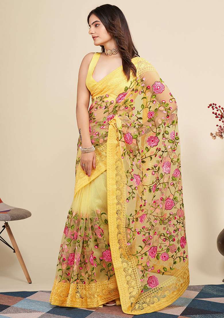 Yellow Embroidered Soft Net Saree Set for Diwali and Festive Wear - Indya