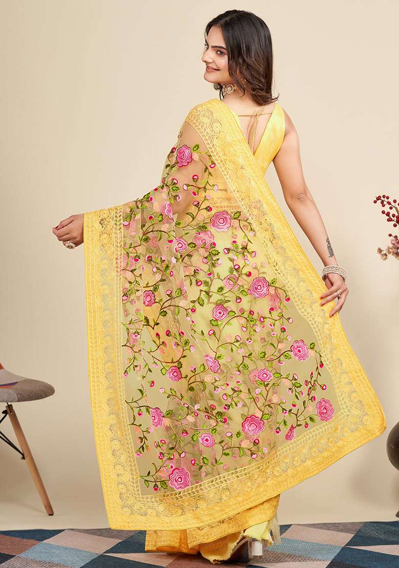 Yellow Embroidered Soft Net Saree Set for Diwali and Festive Wear - Indya
