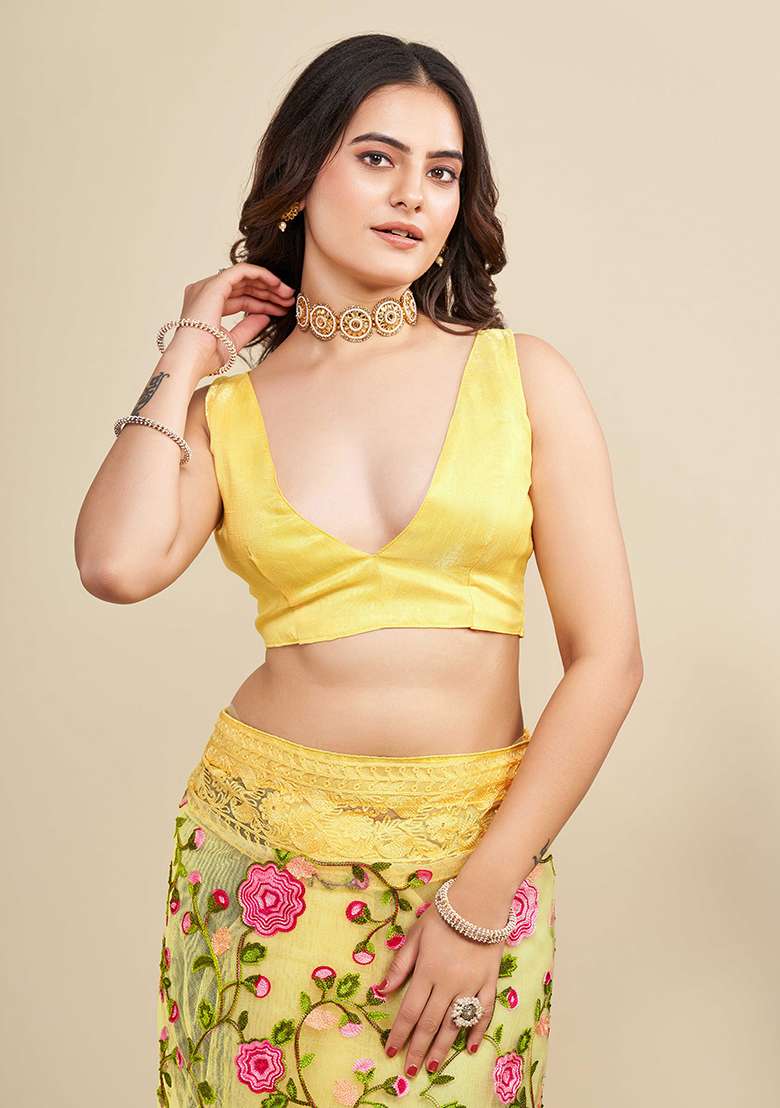 Yellow Embroidered Soft Net Saree Set for Diwali and Festive Wear - Indya