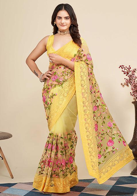 Yellow Embroidered Soft Net Saree Set