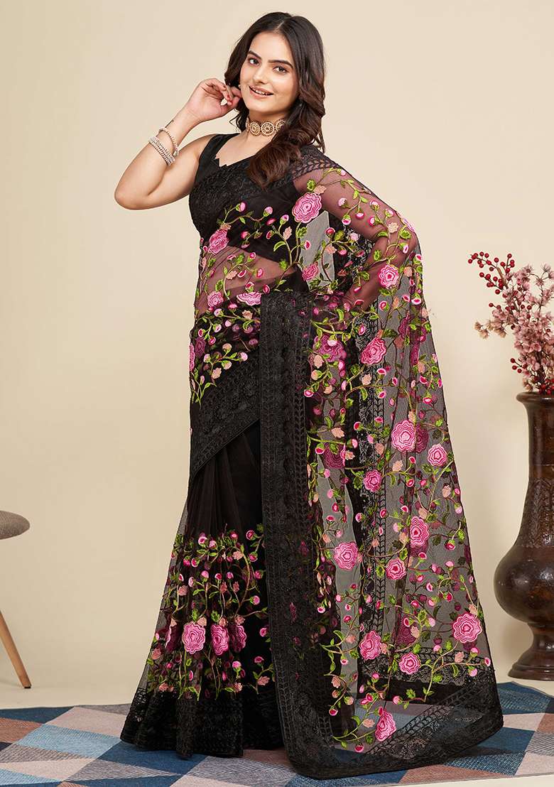Black Embroidered Soft Net Saree Set for Diwali and Festive Wear - Indya