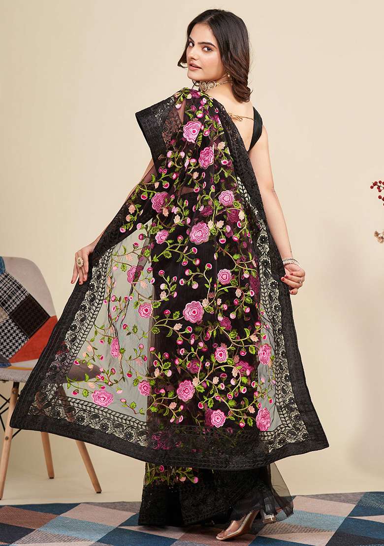Black Embroidered Soft Net Saree Set for Diwali and Festive Wear - Indya