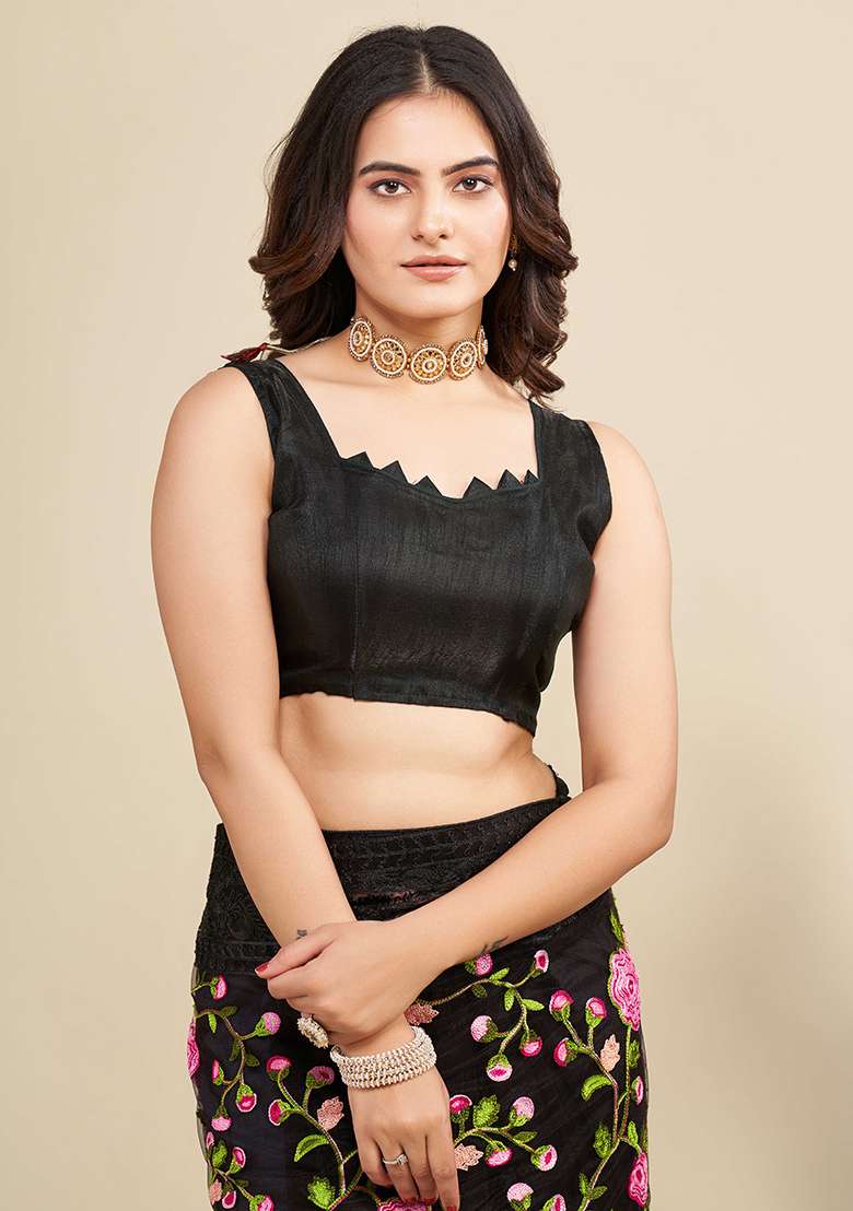 Black Embroidered Soft Net Saree Set for Diwali and Festive Wear - Indya