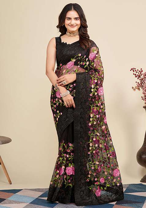 Black Embroidered Soft Net Saree Set for Diwali and Festive Wear