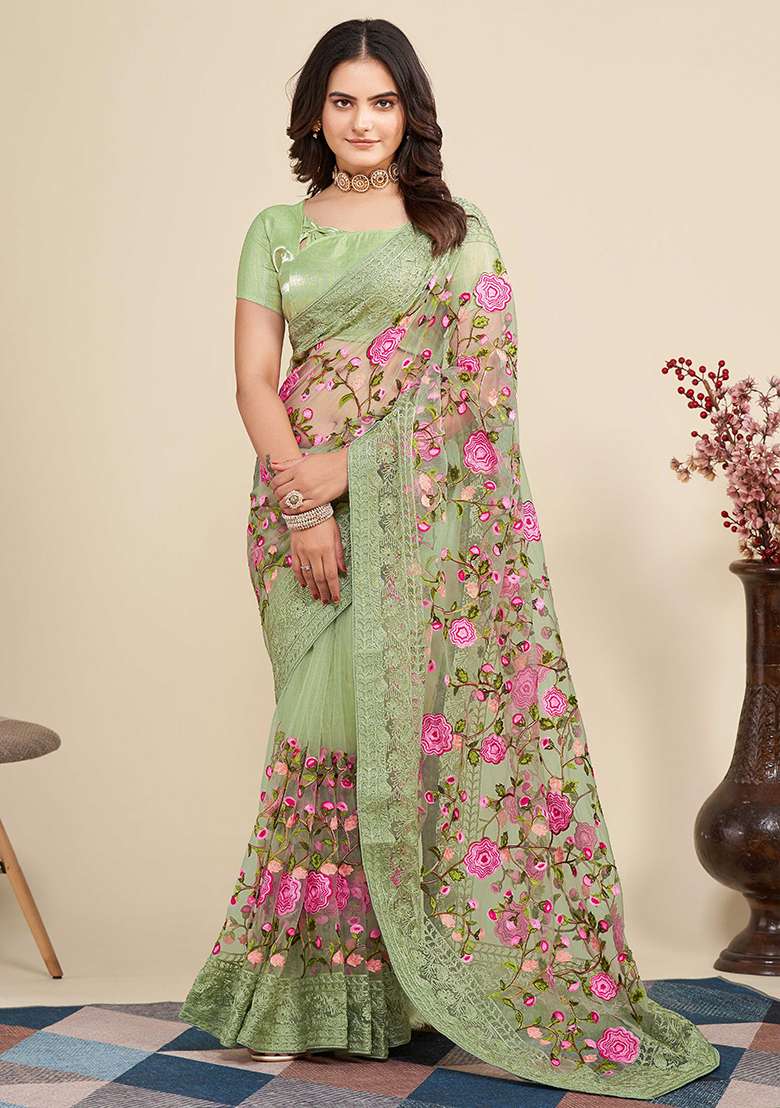 Pista Embroidered Soft Net Saree Set for Diwali and Festive Wear - Indya