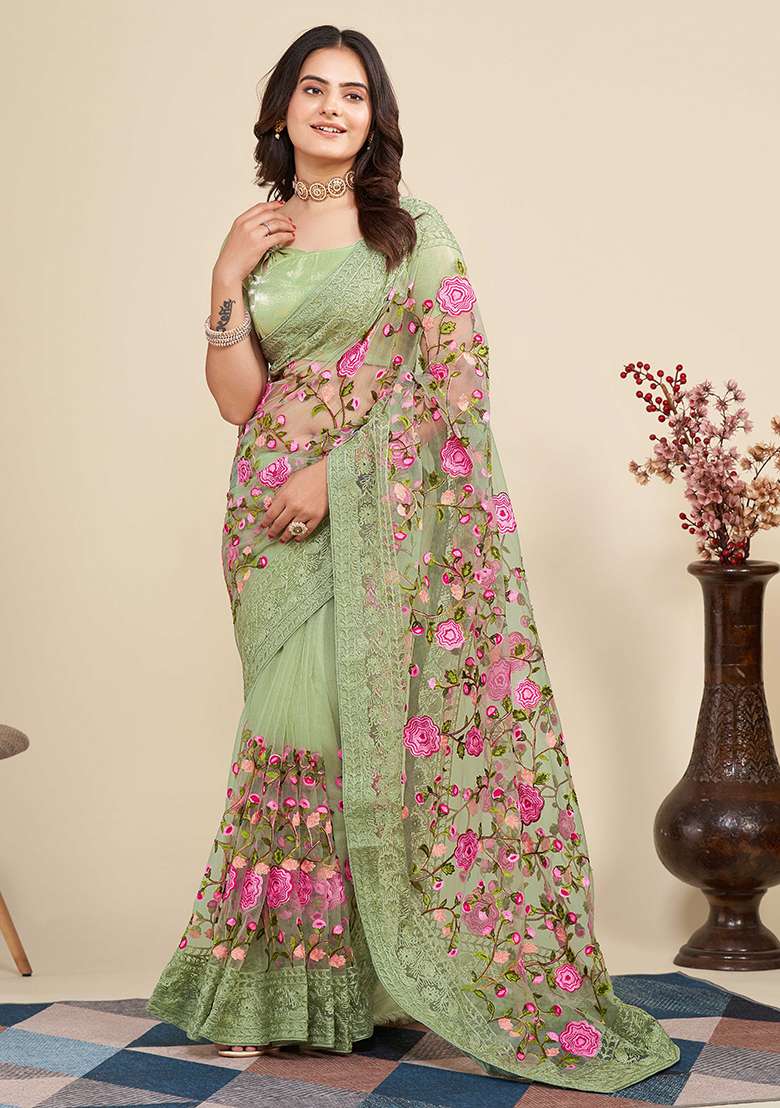 Pista Embroidered Soft Net Saree Set for Diwali and Festive Wear - Indya