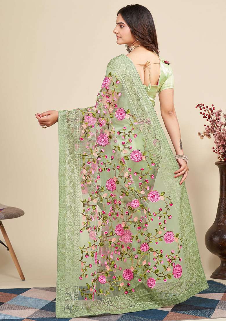 Pista Embroidered Soft Net Saree Set for Diwali and Festive Wear - Indya