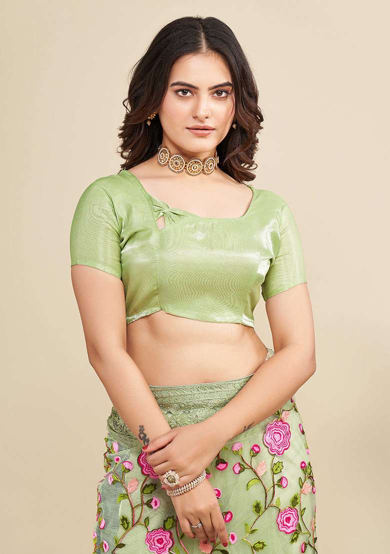 Pista Embroidered Soft Net Saree Set for Diwali and Festive Wear - Indya