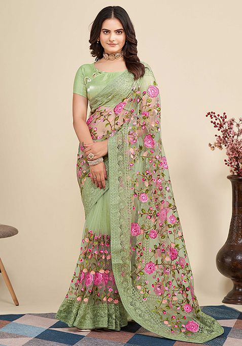 Pista Embroidered Soft Net Saree Set