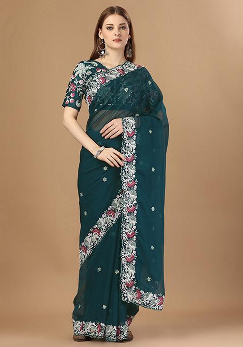 Teal Embroidered Rangoli Silk Saree Set