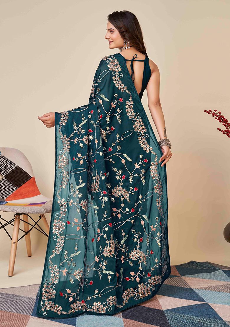 Teal Embroidered Rangoli Silk Saree Set