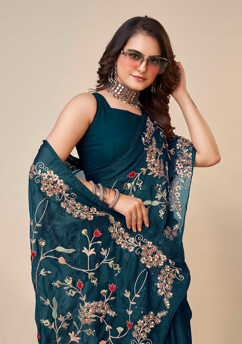 Teal Embroidered Rangoli Silk Saree Set