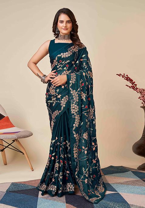 Teal Embroidered Rangoli Silk Saree Set