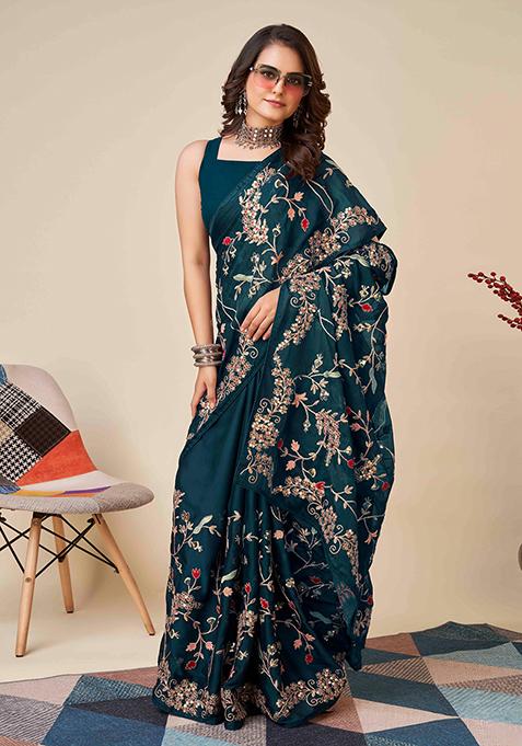 Teal Embroidered Rangoli Silk Saree Set