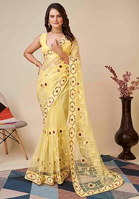 Yellow Chikankari Embroidered Soft Net Saree Set
