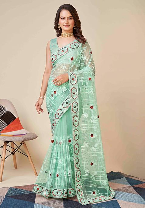 Blue Chikankari Embroidered Soft Net Saree Set