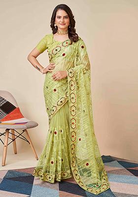 Pista Chikankari Embroidered Soft Net Saree Set