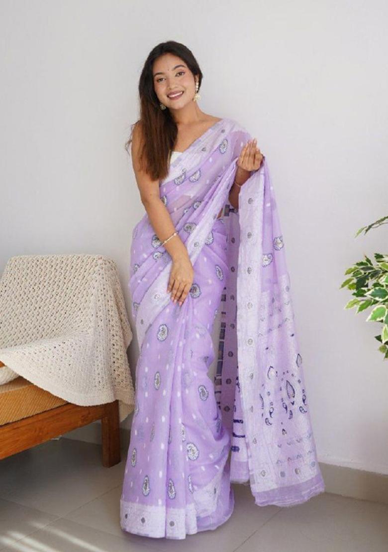 Lavender Jacquard Cotton Saree Set