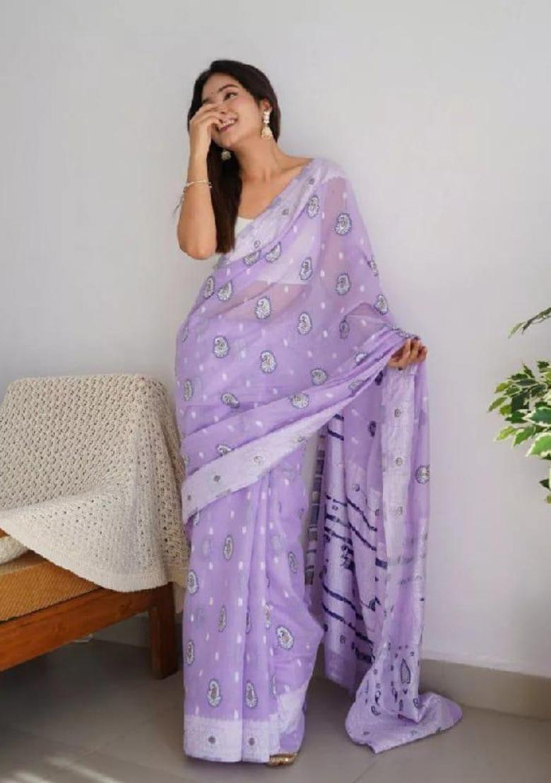 Lavender Jacquard Cotton Saree Set