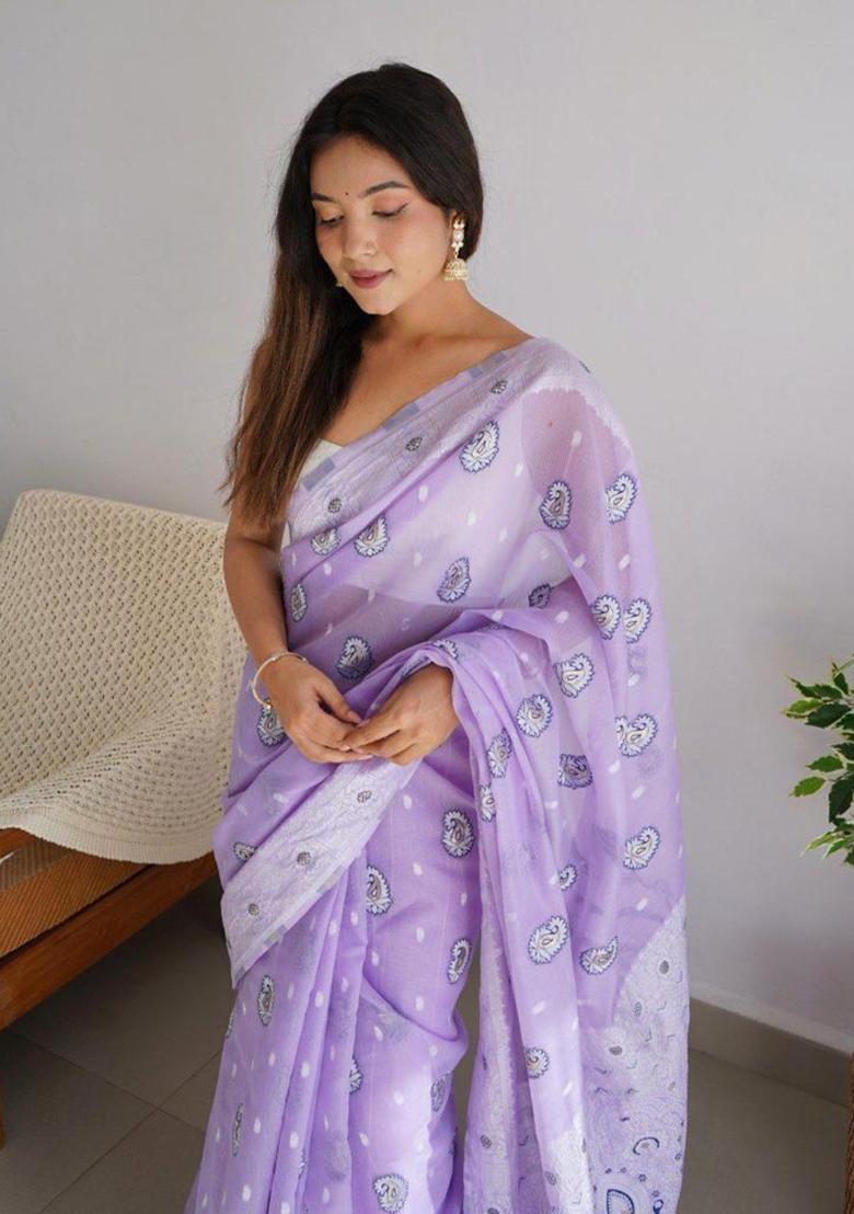 Lavender Jacquard Cotton Saree Set
