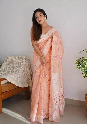 Peach Jacquard Cotton Saree Set