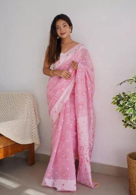 Light Pink Jacquard Cotton Saree Set