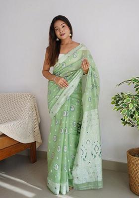 Pista Green Jacquard Cotton Saree Set