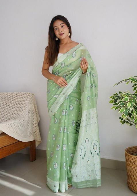 Pista Green Jacquard Cotton Saree Set