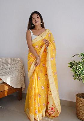 Yellow Jacquard Cotton Saree Set