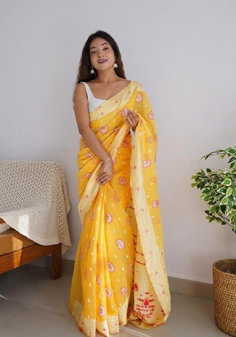 Yellow Jacquard Cotton Saree Set