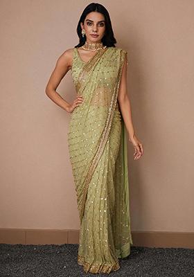 Pista Green Embroidered Soft Net Saree Set