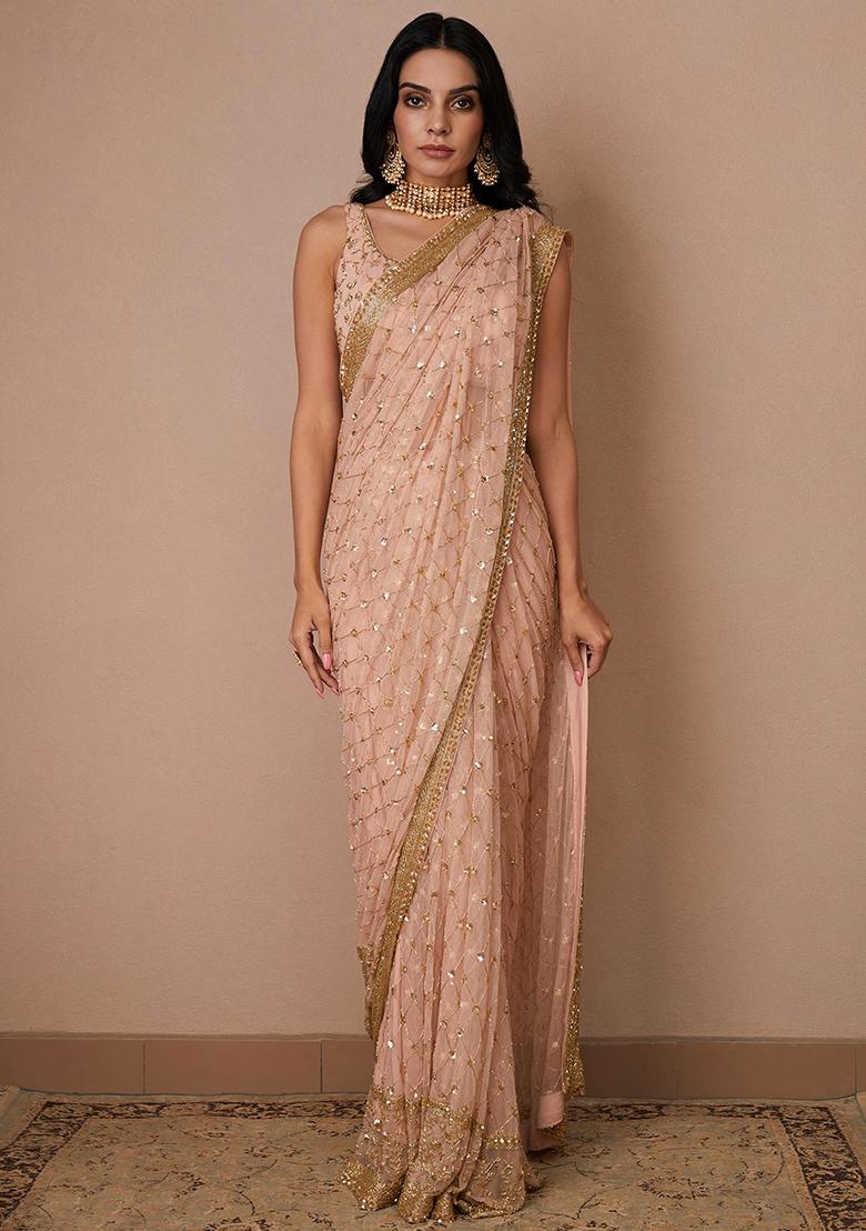 Light Pink Embroidered Soft Net Saree Set