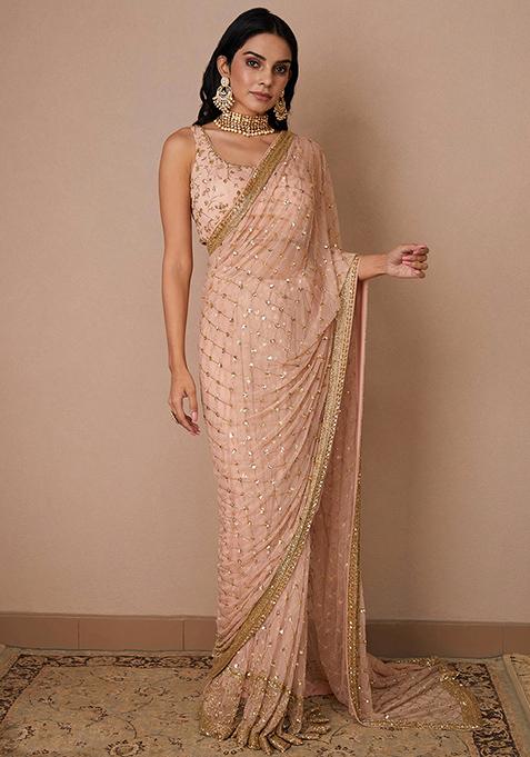 Light Pink Embroidered Soft Net Saree Set