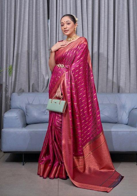 Pink Zari Woven Banarasi Silk Saree Set