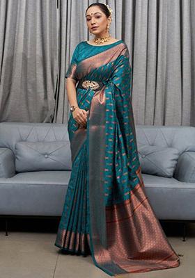 Rama Blue Zari Woven Banarasi Silk Saree Set