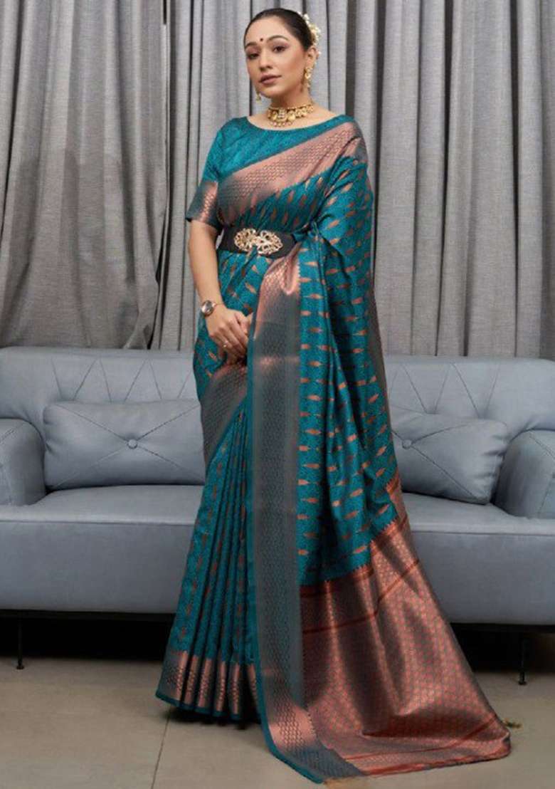 Rama Blue Zari Woven Banarasi Silk Saree Set - Indya