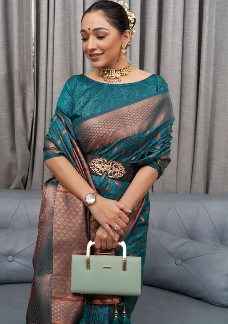 Rama Blue Zari Woven Banarasi Silk Saree Set - Indya