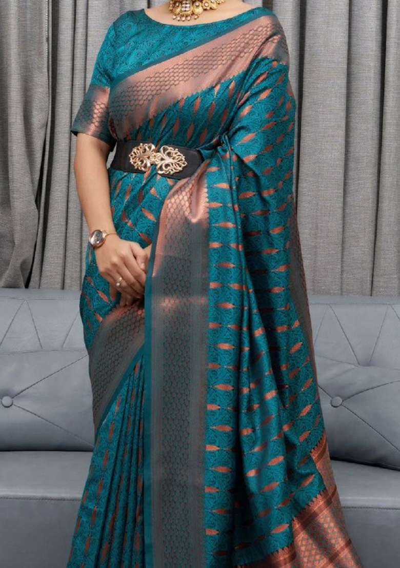 Rama Blue Zari Woven Banarasi Silk Saree Set - Indya
