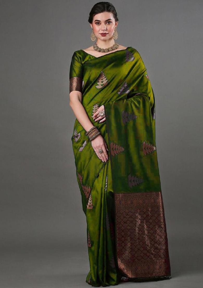 Olive Green Zari Woven Banarasi Silk Saree Set