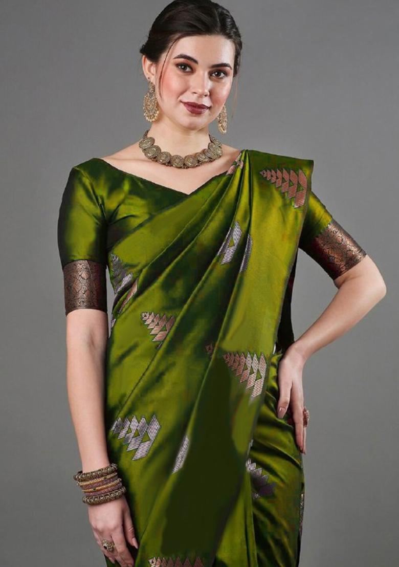 Olive Green Zari Woven Banarasi Silk Saree Set