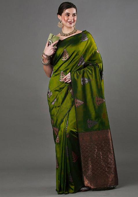 Olive Green Zari Woven Banarasi Silk Saree Set