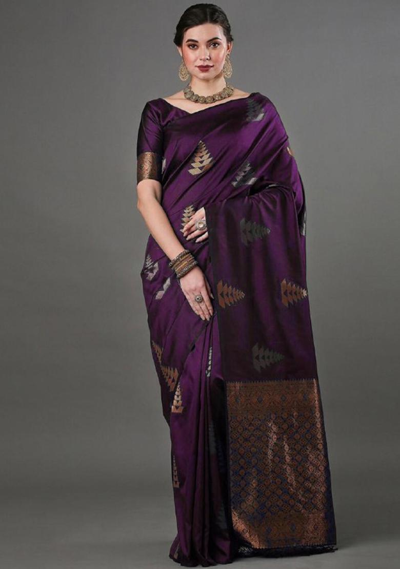 Wine Zari Woven Banarasi Silk Saree Set
