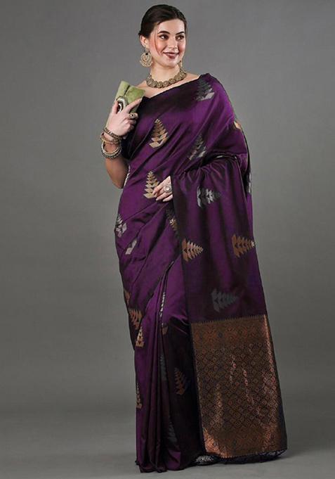 Wine Zari Woven Banarasi Silk Saree Set