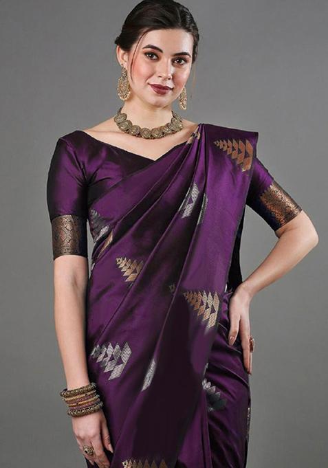 Wine Zari Woven Banarasi Silk Saree Set