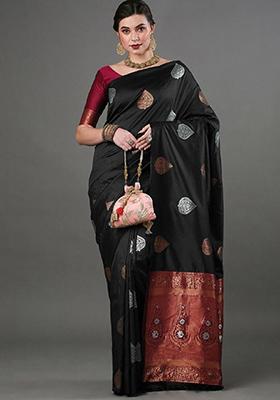Black Zari Woven Banarasi Silk Saree Set