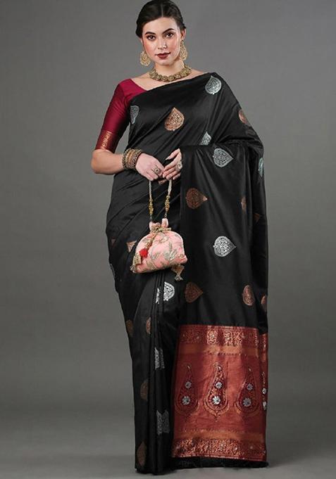 Black Zari Woven Banarasi Silk Saree Set