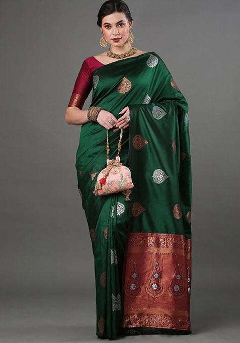 Green Zari Woven Banarasi Silk Saree Set