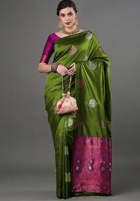 Olive Green Zari Woven Banarasi Silk Saree Set